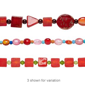Bead mix, lampworked glass and glass, opaque to transparent multicolored, 6mm-28x27mm mixed shape. Sold per 7-inch strand.