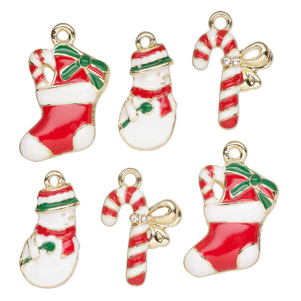 Charm, gold-finished "pewter" (zinc-based alloy) and enamel, white / red / green, 19x10mm / 19x14mm / 23x15mm, 2 of each shape. Sold per pkg of 6. image number 0