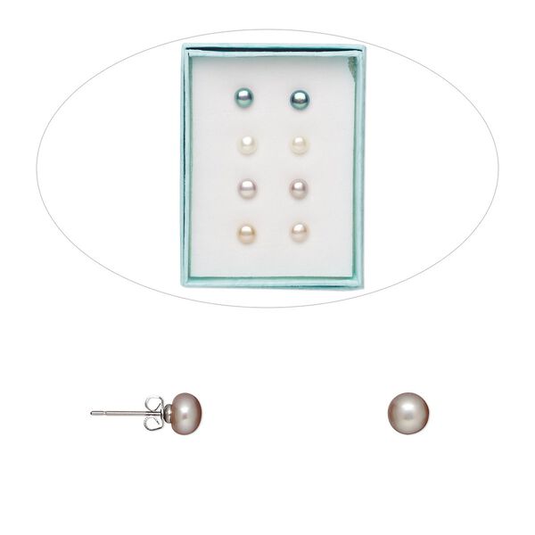 Earstud, cultured freshwater pearl (bleached / dyed) and stainless steel, assorted colors, 6.5-7mm button with post. Sold per pkg of 4 pairs. image number 0