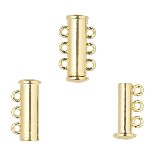 Clasp, 3-strand magnetic slide lock, gold-finished "pewter" (zinc-based alloy), 19x6.5mm tube. Sold per pkg of 2. image number 0