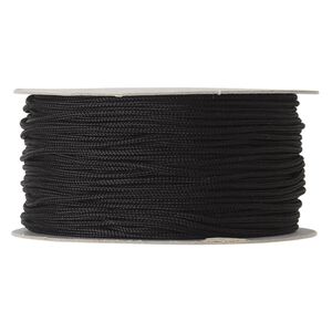 Cord, imitation silk, black, 1mm. Sold per 100-foot spool.