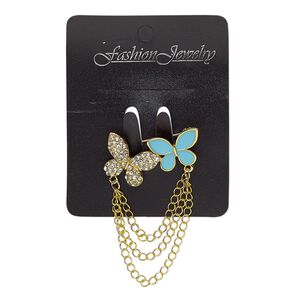 Brooch, glass rhinestone / epoxy / gold-finished brass / steel / "pewter" (zinc-based alloy), turquoise blue and clear, 60x38mm with butterfly. Sold individually.