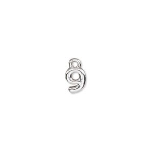 Charm, silver-finished "pewter" (zinc-based alloy), 7.5x6mm number 9. Sold per pkg of 2.