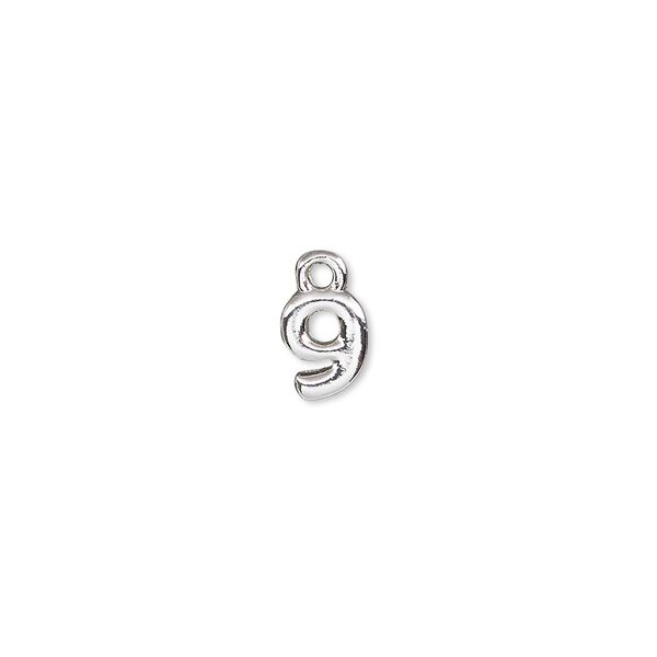 Charm, silver-finished "pewter" (zinc-based alloy), 7.5x6mm number 9. Sold per pkg of 2. image number 0