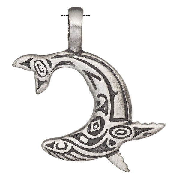 Pendant, Powerful Pewter Pendants, antiqued pewter (tin-based alloy), 44x43mm single-sided whale and 6mm hole. Sold individually. image number 0