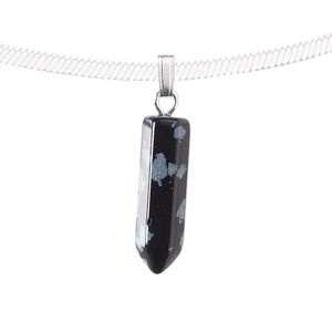 Snowflake obsidian / "pewter" (zinc based alloy) 1pkg1, silver-plated point pendant natural 21x6mm