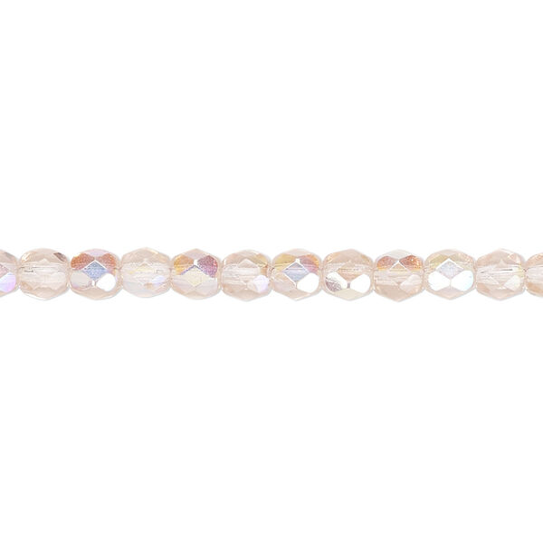 Bead, Czech fire-polished glass, light rose AB, 4mm faceted round. Sold per 15-1/2" to 16" strand. image number 0