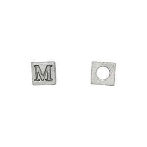 Bead, antiqued pewter (tin-based alloy), 7mm cube with Greek letter, MU. Sold per pkg of 4.
