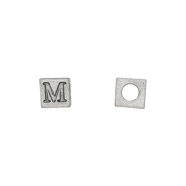 Bead, antiqued pewter (tin-based alloy), 7mm cube with Greek letter, MU. Sold per pkg of 4. image number 0