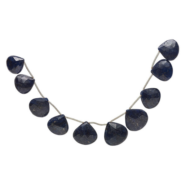 Bead, blue sapphire (dyed), dark blue, 17x16mm-23mm graduated hand-cut top-drilled faceted puffed teardrop, C grade, Mohs hardness 9. Sold per pkg of 9. image number 0