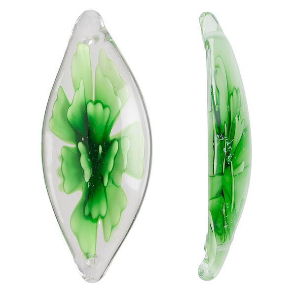 Link, glass, clear/light green/dark green, 50x20mm flat oval. Sold individually. image number 0