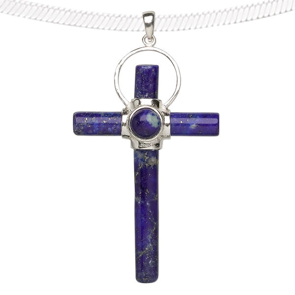 Pendant, lapis lazuli (natural) and sterling silver, 44x24mm-50x30mm cross. Sold individually. image number 0