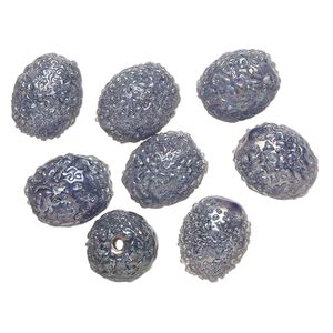 Bead, lampworked glass, translucent blue AB, 15x12mm textured oval. Sold per pkg of 8.