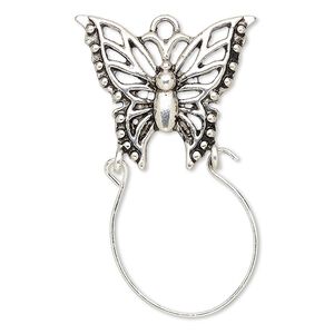 Focal, antique silver-finished "pewter" (zinc-based alloy) and steel, 45x27mm single-sided charm holder with 27x23mm butterfly. Sold per pkg of 2.