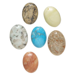 Multi-gemstone 1pkg6, top-drilled oval focal mix 30x21mm-31x22mm