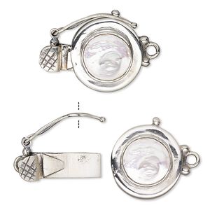 Clasp tab 1pkg1 sterling silver / cultured freshwater pearl, 15mm round / round cab / safety latch, 1-strand