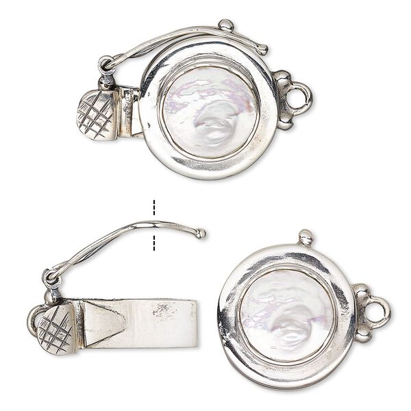 Clasp, tab with safety, cultured freshwater pearl (bleached) and sterling silver, white, 15mm round with round cabochon. Sold individually. image number 0