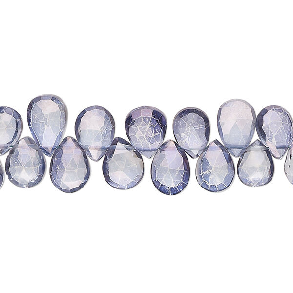 Bead, quartz crystal (coated), blue, 7x5mm-10x6mm hand-cut top-drilled faceted puffed teardrop, B grade, Mohs hardness 7. Sold per 7-inch strand, approximately 55 beads. image number 0