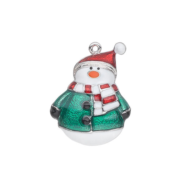 Charm, silver-plated "pewter" (zinc-based alloy) and enamel, white / red / green / orange, 25x19mm single-sided snowman with Santa hat, striped scarf, jacket and gloves. Sold individually. image number 0