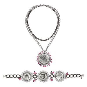 Necklace and bracelet set, One of a Kind Jewelry, crystal / anodized aluminum / gunmetal-plated brass / silver-plated steel, pink and black, 15-1/2 inches with magnetic clasp and 7 inches with magnetic clasp. Only one available.