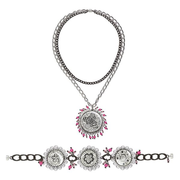 Necklace and bracelet set, One of a Kind Jewelry, crystal / anodized aluminum / gunmetal-plated brass / silver-plated steel, pink and black, 15-1/2 inches with magnetic clasp and 7 inches with magnetic clasp. Only one available. image number 0