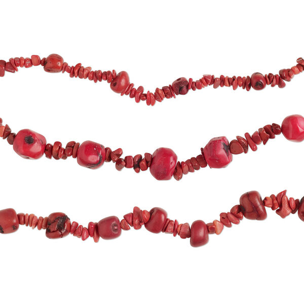 Bead mix, bamboo coral (dyed), light to dark red, small to extra-large chip and small to medium nugget, Mohs hardness 3-1/2 to 4. Sold per (3) 8-inch strands. image number 0