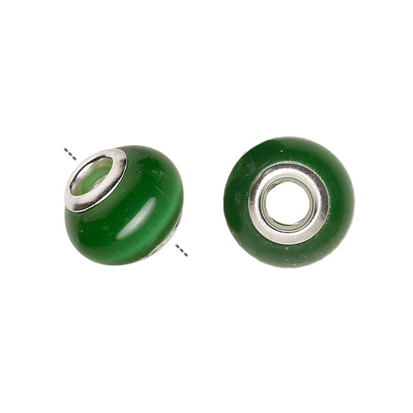Bead, Dione®, cat's eye glass (fiber optic glass) and silver-plated brass grommets, dark green, 13x10mm-14x10mm rondelle. Sold per pkg of 6. image number 0
