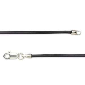 Necklace cord, Ellada Leather™, Greek leather (dyed) and sterling silver, black, 1.5mm width, round, 18 inches with lobster claw clasp. Sold individually.