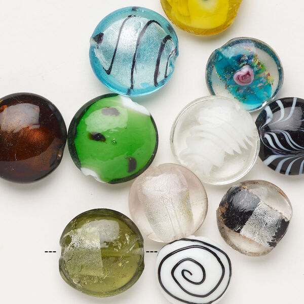 Bead mix, lampworked glass, pkg/4 ounces, opaque to transparent mixed colors with silver-colored foil and copper-colored glitter, 22-31mm puffed flat round. image number 0