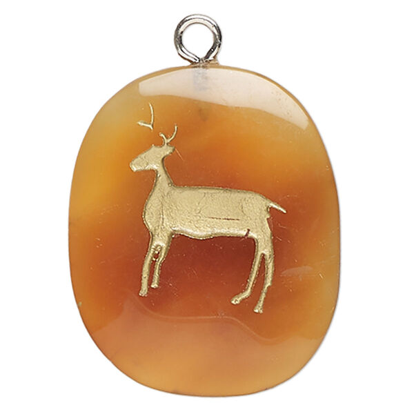 Focal, red agate (dyed / heated) / enamel / silver-finished steel, light to medium and opaque gold, 32x25mm-38x30mm puffed freeform with deer, B- grade, Mohs hardness 6-1/2 to 7. Sold individually. image number 0