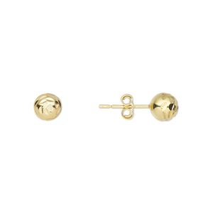 Earstud, gold-finished sterling silver, 6mm diamond-cut ball with post. Sold per pair.