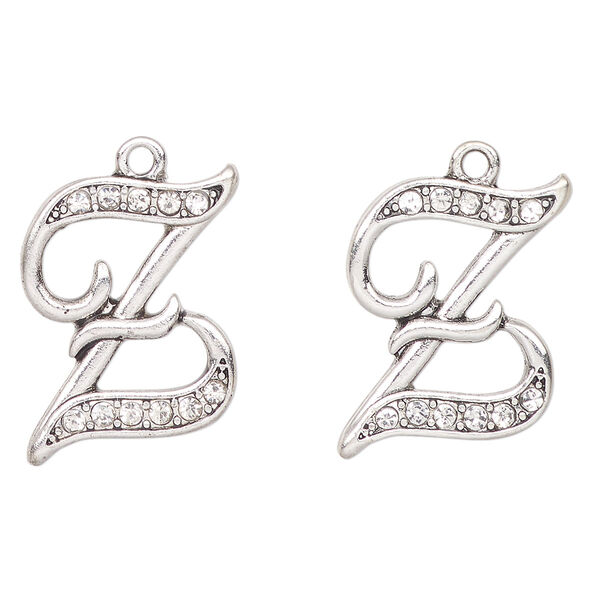 Charm, antique silver-finished "pewter" (zinc-based alloy) and glass, clear, 23x18mm letter "Z". Sold per pkg of 2. image number 0