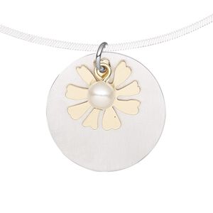 Drop, gold-finished "pewter" (zinc-based alloy) and aluminum, white, 25mm single-sided brushed flat round /16x15mm flat flower / 6mm acrylic pearl with steel jump ring. Sold per pkg of 2.