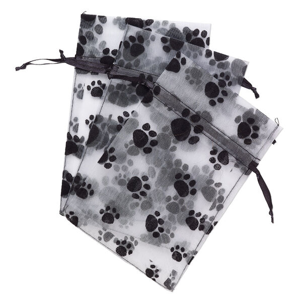 Pouch, satin and flocked organza, grey and black, 6x4-inch rectangle with paw prints and drawstring closure. Sold per pkg of 3. image number 0