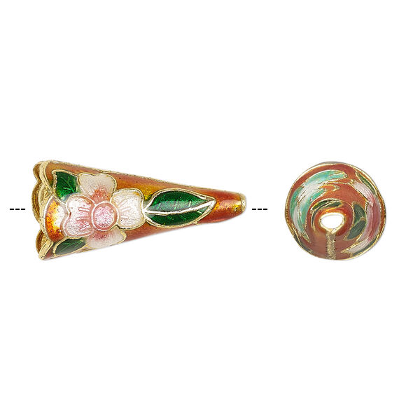 Cone, enamel and gold-finished copper, red and multicolored, 22x10mm with butterfly and flower, 8mm inside diameter. Sold per pkg of 4. image number 0