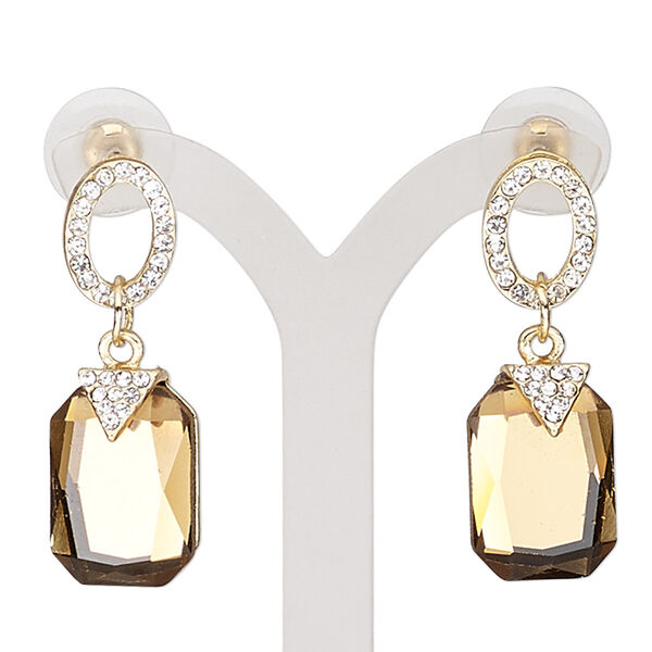 Earring, glass / glass rhinestone / stainless steel / gold-finished "pewter" (zinc-based alloy), smoky brown and clear, 37mm with rectangle and post. Sold per pair. image number 0