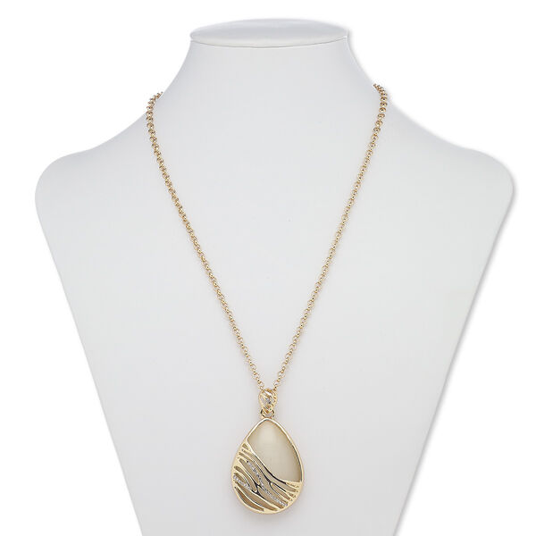 Necklace, glass rhinestone / cat's eye glass / gold-finished steel / "pewter" (zinc-based alloy), white and clear, 46x33mm teardrop, 29 inches with 3-inch extender chain and lobster claw clasp. Sold individually. image number 0