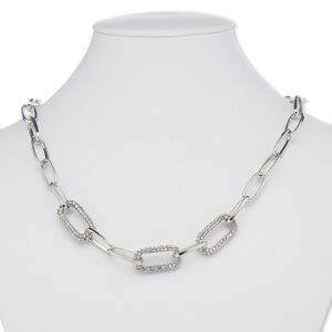 Necklace, glass rhinestone with silver-plated steel and "pewter" (zinc-based alloy), clear, link, 15 inches with 2-inch extender chain and lobster claw clasp. Sold individually.