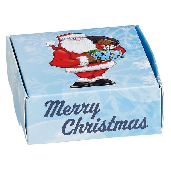 Box, paper, multicolored, 3x3x1-inch unassembled square with Santa Claus and snowflakes. Sold per pkg of 10. image number 0