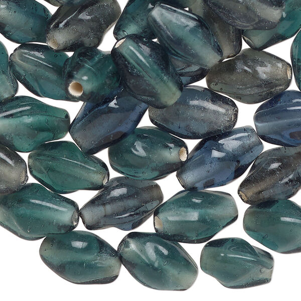 Bead, lampworked glass, translucent steel blue, 12x8mm-13x9mm twisted double cone. Sold per 2-ounce pkg, approximately 75 beads. image number 0