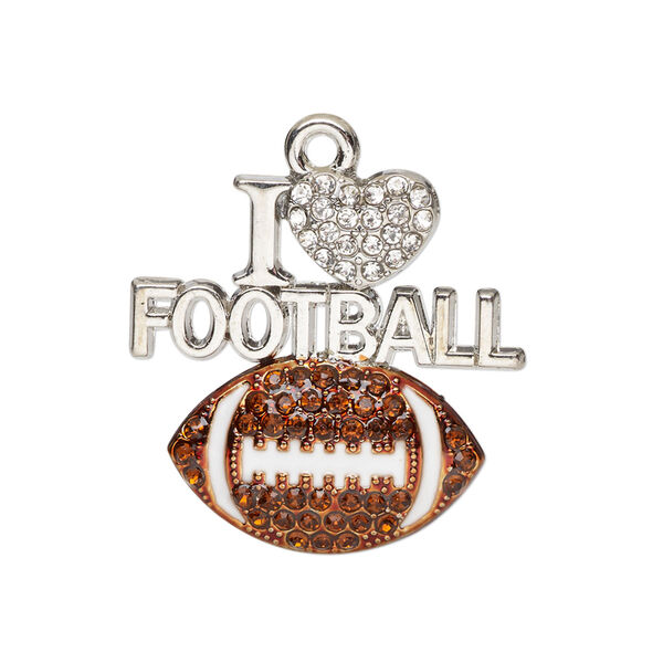 Charm, glass / painted enamel / silver-finished "pewter" (zinc-based alloy), brown / white / clear, 26.5x26mm single-sided "I heart FOOTBALL" with football. Sold individually. image number 0