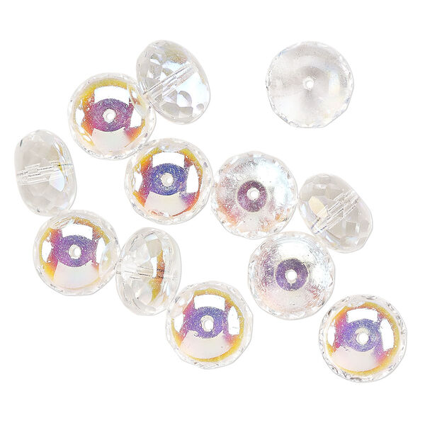 Bead, Czech fire-polished glass, clear AB, 14x9mm faceted rondelle. Sold pkg of 12. image number 0