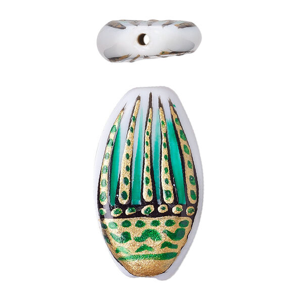 Bead, lampworked glass, multicolored, 29x16mm double-sided flat oval with hand-painted abstract design. Sold per pkg of 2. image number 0
