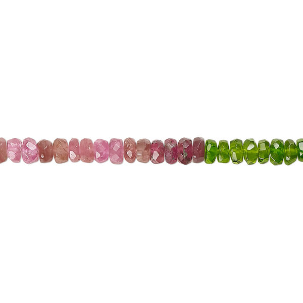 Bead, green tourmaline and pink tourmaline (natural), 3x1mm-4x3mm hand-cut graduated faceted rondelle, B+ grade, Mohs hardness 7 to 7-1/2. Sold per 15-1/2" to 16" strand. image number 0