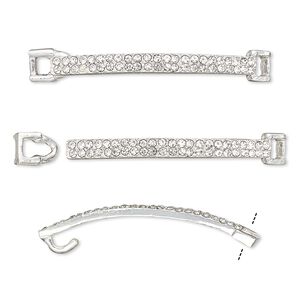 Clasp, hook-and-eye, glass rhinestone and silver-finished "pewter" (zinc-based alloy), clear, 46x6mm single-sided curved rectangle, 3.5x2.5mm inside diameter. Sold per 2-piece set.