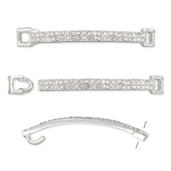 Clasp, hook-and-eye, glass rhinestone and silver-finished "pewter" (zinc-based alloy), clear, 46x6mm single-sided curved rectangle, 3.5x2.5mm inside diameter. Sold per 2-piece set. image number 0