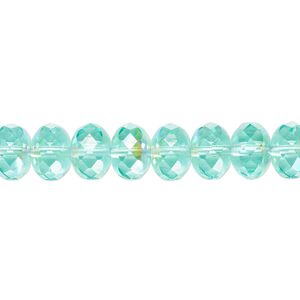 Bead, Czech fire-polished glass, transparent light aqua AB, 9x5mm faceted rondelle. Sold per 15-1/2" to 16" strand.
