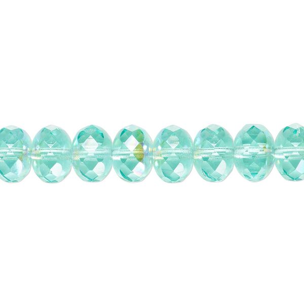 Bead, Czech fire-polished glass, transparent light aqua AB, 9x5mm faceted rondelle. Sold per 15-1/2" to 16" strand. image number 0