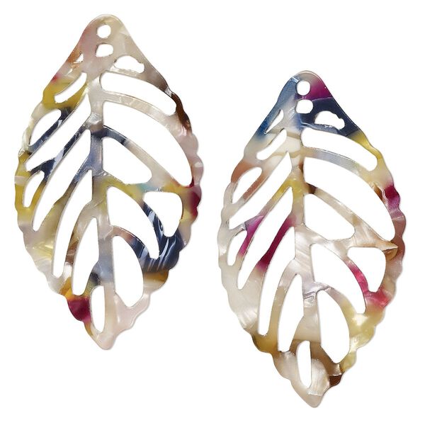 Focal, resin, multicolored, 39x22mm leaf with cutouts. Sold per pkg of 4. image number 0