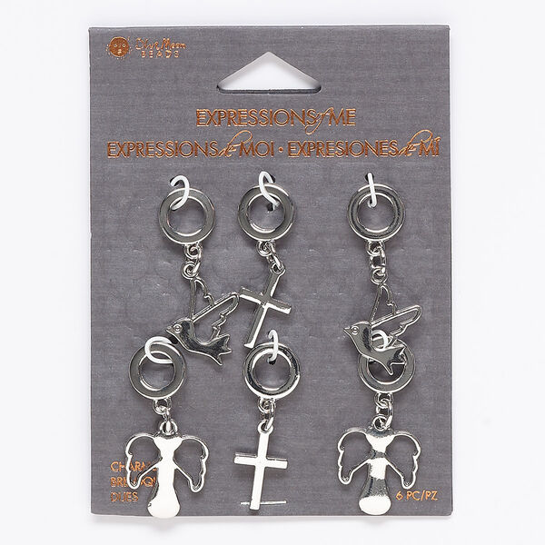 Focal mix, silver-finished "pewter" (zinc-based alloy) and steel, (2) 34x11mm cross / (2) 35x16mm angel / (2) 37x16mm dove. Sold per pkg of 6. image number 0